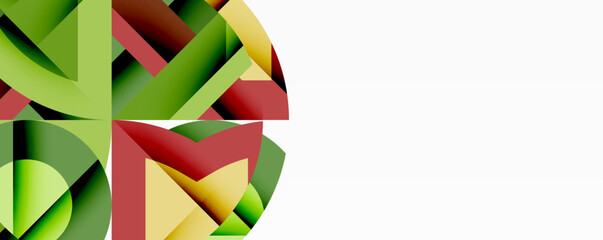 Abstract geometric shapes, vibrant colors, green, red, yellow. Modern design with negative space, clean lines, dynamic composition.