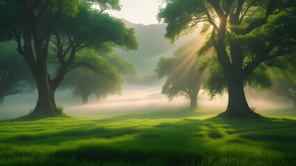 Mist rolling through a quiet valley at alfajar with light rays piercing through tall trees