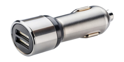 Closeup shot of a shiny silver dual USB car charger adapter