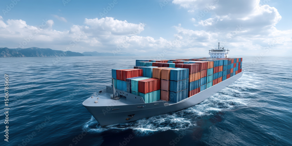 Poster container ship sailing on calm ocean with colorful cargo containers under partly cloudy sky, showing