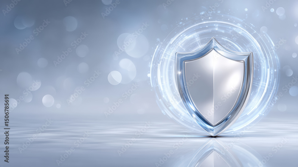 Poster shiny silver shield with glowing digital circle on blurred blue background symbolizing protection an
