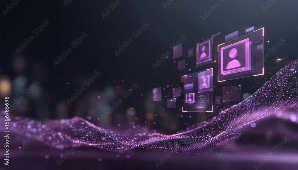 Poster digital network with glowing purple user icons and data wave, futuristic technology concept with abs