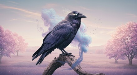 Raven on Branch in Spring Field