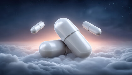 White capsule pill floating above clouds at night with starry sky and soft glowing light, symbolizing health and hope