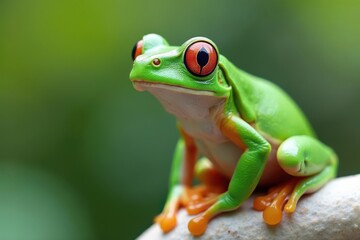 Obraz premium Zielona żaba drzewna siedząca na białej, żywej skórze, natura, przejrzysta, zielona żaba