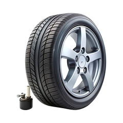 Obraz premium Shiny new car tire on a silver rim with tire pump for inflation
