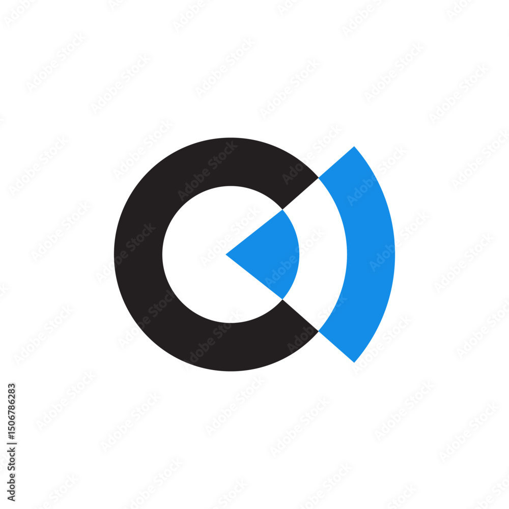 Poster bold black circle partially encompassed by a dynamic blue curved shape that expands outwards. a whit