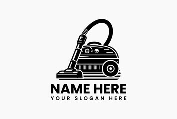 Black and white vector logo of modern canister vacuum with detailed hose and cleaning head components