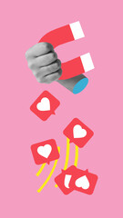 Poster. Composite art design. Magnet held by hand pulls floating likes from pink void, showing craving for validation and obsessive focus on audience response. Concept of virtual feedback addiction