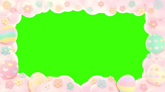 Looped cartoon Easter eggs and flowers frame on green screen background animation.