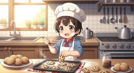 Baking Anime Girl Prepares Chocolate Chip Cookies in Kitchen
