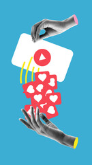 Abstract art collage. Floating play button rains likes into open palms, symbolizing pursuit of viral blogging success and public approval. Concept of influencer culture, media, social reward loop. ad