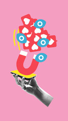 Surreal artwork. Hand holding smartphone topped with magnet pulls eyes and likes, showing obsession with visibility and reach in digital life. Concept of social media, algorithmic attraction and fame