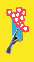 Poster. Composite collage. Finger touches phone overflowing with red heart icons, reflecting constant need for recognition and reactions. Concept of social media, instant feedback, digital. Ad