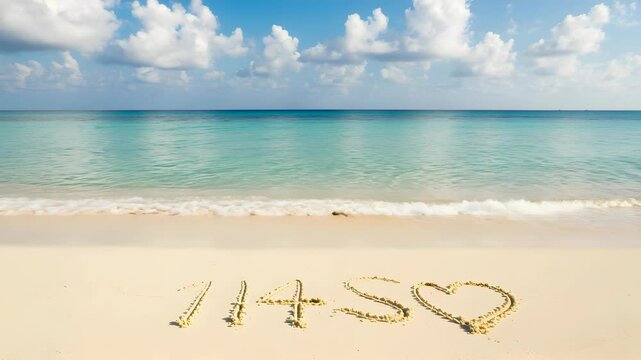 Sandy Beach Scene With Written Initials And Heart Symbol In Front Of Turquoise Ocean Under Blue Sky