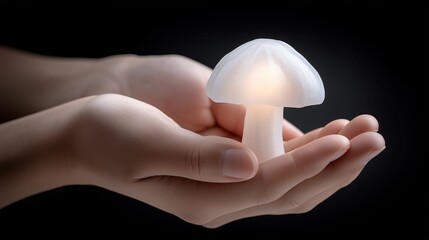 Hands holding luminous mushroom lamp in dark setting creating cozy ambiance