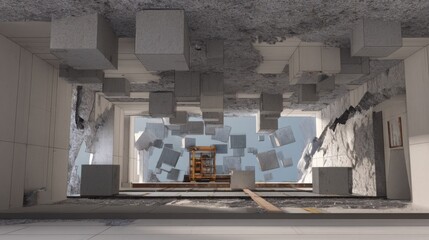 mechanicâ€™s garage with reality breaking apart, walls fracturing into floating cubes, inside the rupture a parallel version of the same garage