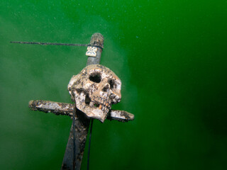 Close-Up of Skull on Sword Underwater