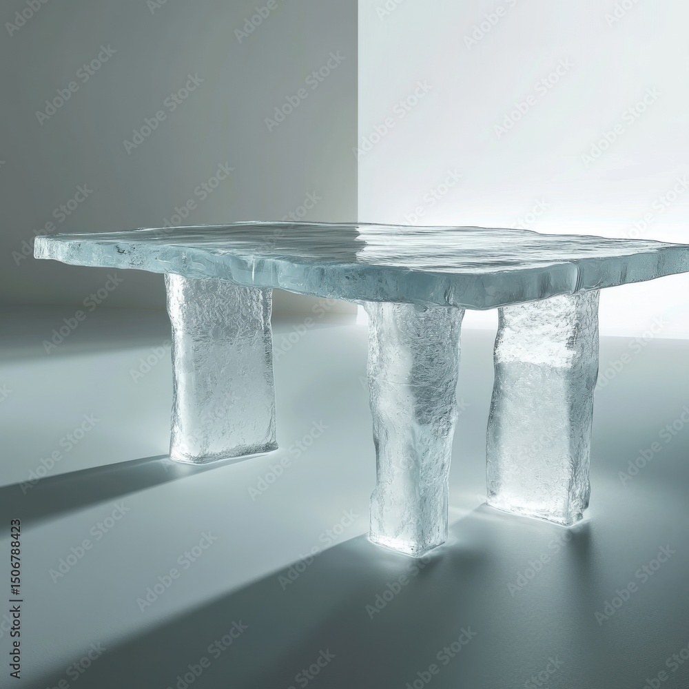 Poster unique glass table designed with an ice-like surface, positioned in a modern, minimalist setting wit