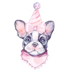 Cute French bulldog puppy head in pink party hat and bib birthday gift watercolor illustration for kids celebration design baby shower clipart isolated on white adorable festive dog portrait