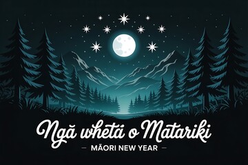 Naklejka premium Illustration of nga whetu o matariki with moon stars trees and mountain landscape