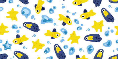Seamless Cartoon Fish Bubble Pattern — bright underwater pattern with yellow and blue cartoon fish, starfish, and bubbles. Playful flat style on white background.
