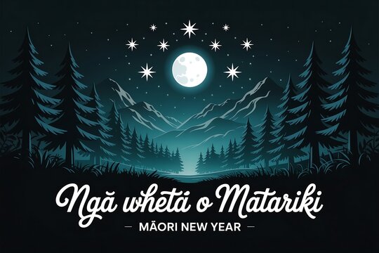 Illustration of nga whetu o matariki with moon stars trees and mountain landscape