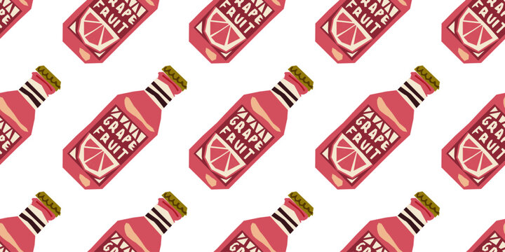 Seamless Grapefruit Drink Bottle Lemonade Pattern. Seamless pattern with grapefruit drink bottles. Flat cartoon style with bold pink colors and isolated layout on white background.