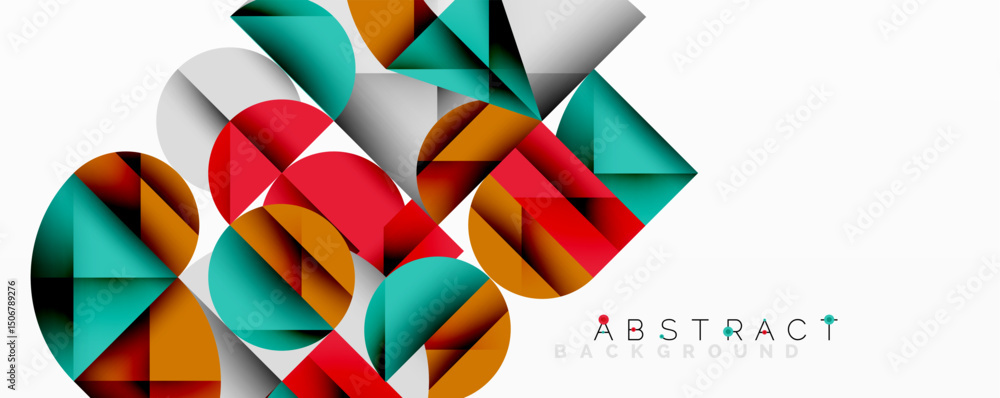 Poster Geometric shapes overlap, creating vibrant colorful design. Modern abstract pattern suitable for backgrounds, presentations.