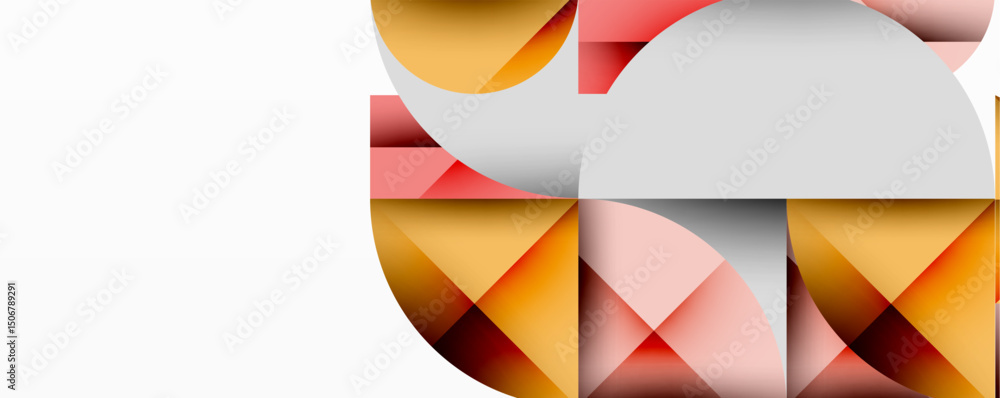 Poster abstract geometric shapes overlap, creating warm color palette. design features layered triangles, c