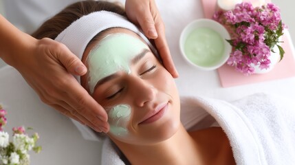Naklejka premium Relaxing facial treatment with green clay mask in spa setting at a tranquil wellness center