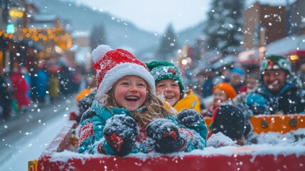 cheerful holiday parade with colorful floats, performers, and children laughing in a snowy town square, Generative AI