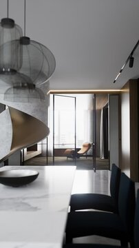 4K vertical animation of Modern Luxury Duplex Apartment Interior with Minimalist Design and Open Space