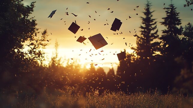 Caps Tossed in Air at Sunset Graduation Celebration