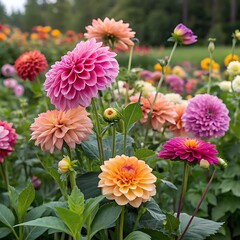 A stunning display of colorful dahlias in full bloom, painting the garden with shades of pink, orange, purple, and yellow—a true celebration of nature's beauty.