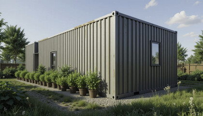 modern shipping container home is surrounded by lush greenery and potted plants, set in tranquil garden. structure features minimalist design with small windows, blending with natural environment