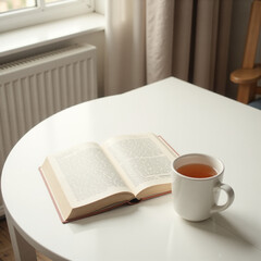 Minimalist Bright Interior Still Life with Open Book and Cup of Tea