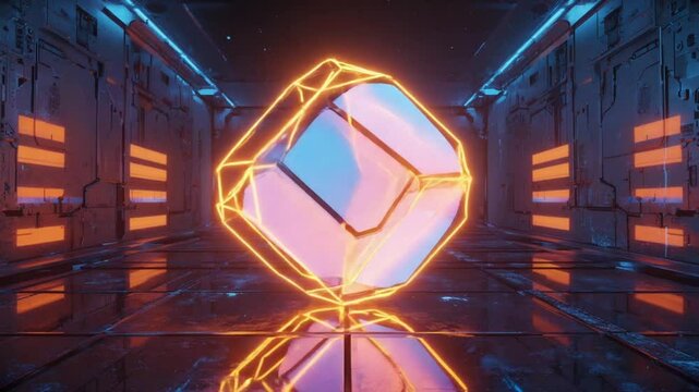 A rotating holographic tesseract in zero gravity, wireframe edges glowing neon, semi transparent iridescent pastel pink electric blue, nested cubes visible mirrored floor, abstract sci-fi 4k video