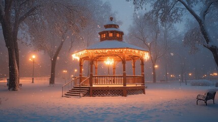 picturesque snow-covered gazebo glowing warmly in a frosty park under softly falling snow, Generative AI