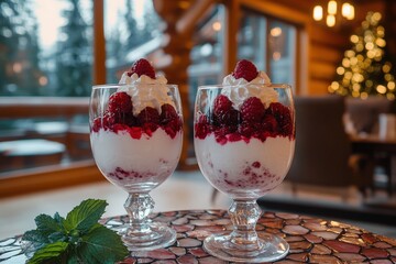 Raspberry dessert in a glass with whipped cream.