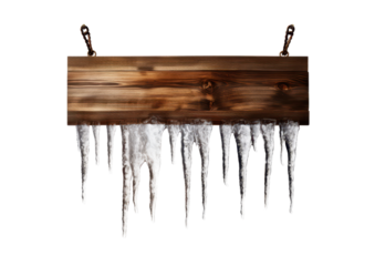 blank dark wooden hanging sign board with icicles isolated on white or transparent png