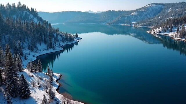 A breathtaking crater lake nestled among dense pine forests and patches of pristine snow. Suitable for marketing or business purposes