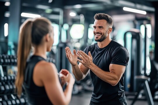 A motivated fitness trainer in a gym, clapping and encouraging a client during a workout
