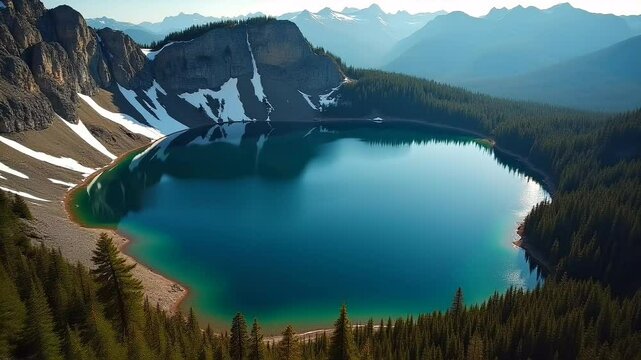 A breathtaking crater lake nestled among dense pine forests and patches of pristine snow. Suitable for marketing or business purposes