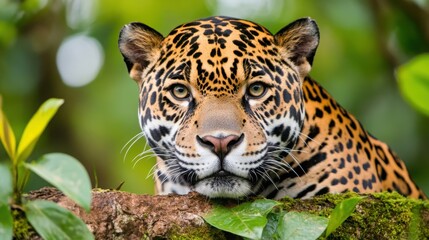 Majestic Jaguar Resting on Tree Branch in Lush Green Environment