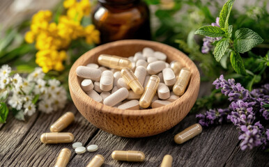 Fototapeta premium Natural supplements in wooden bowl with herbs and flowers, symbolizing wellness, alternative medicine, organic nutrition and holistic health on rustic wooden background.
