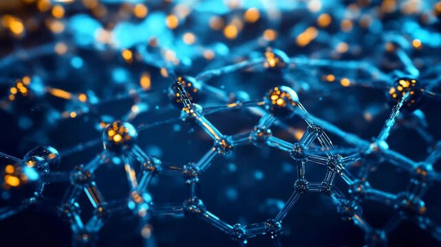 A blue and orange background with a lot of small spheres. The spheres are connected to each other in a complex pattern. Concept of complexity and interconnectedness, as well as a feeling of depth
