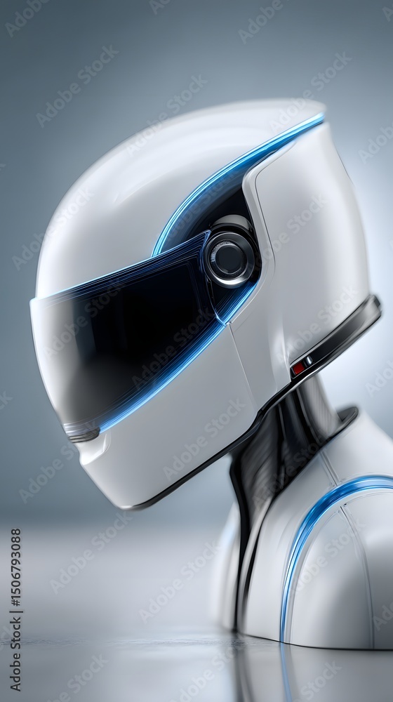 Poster hyper-realistic portrait of a futuristic astronaut with a transparent helmet displaying an interacti