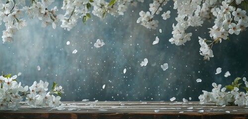 Wooden table beneath falling cherry blossoms against a misty blue backdrop