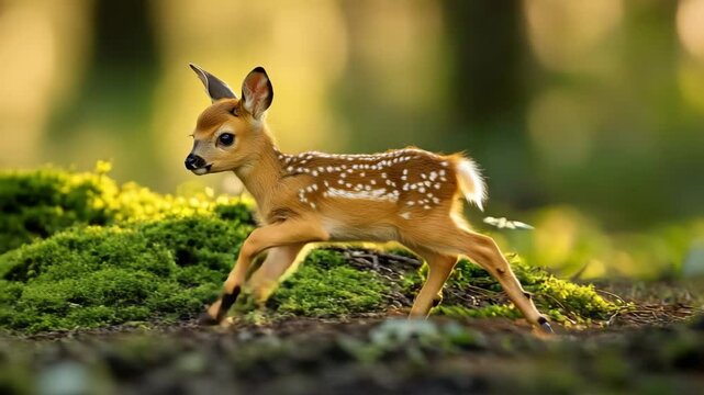 A baby deer is walking through the woods. The image has a peaceful and serene mood, as the deer is moving through the natural environment